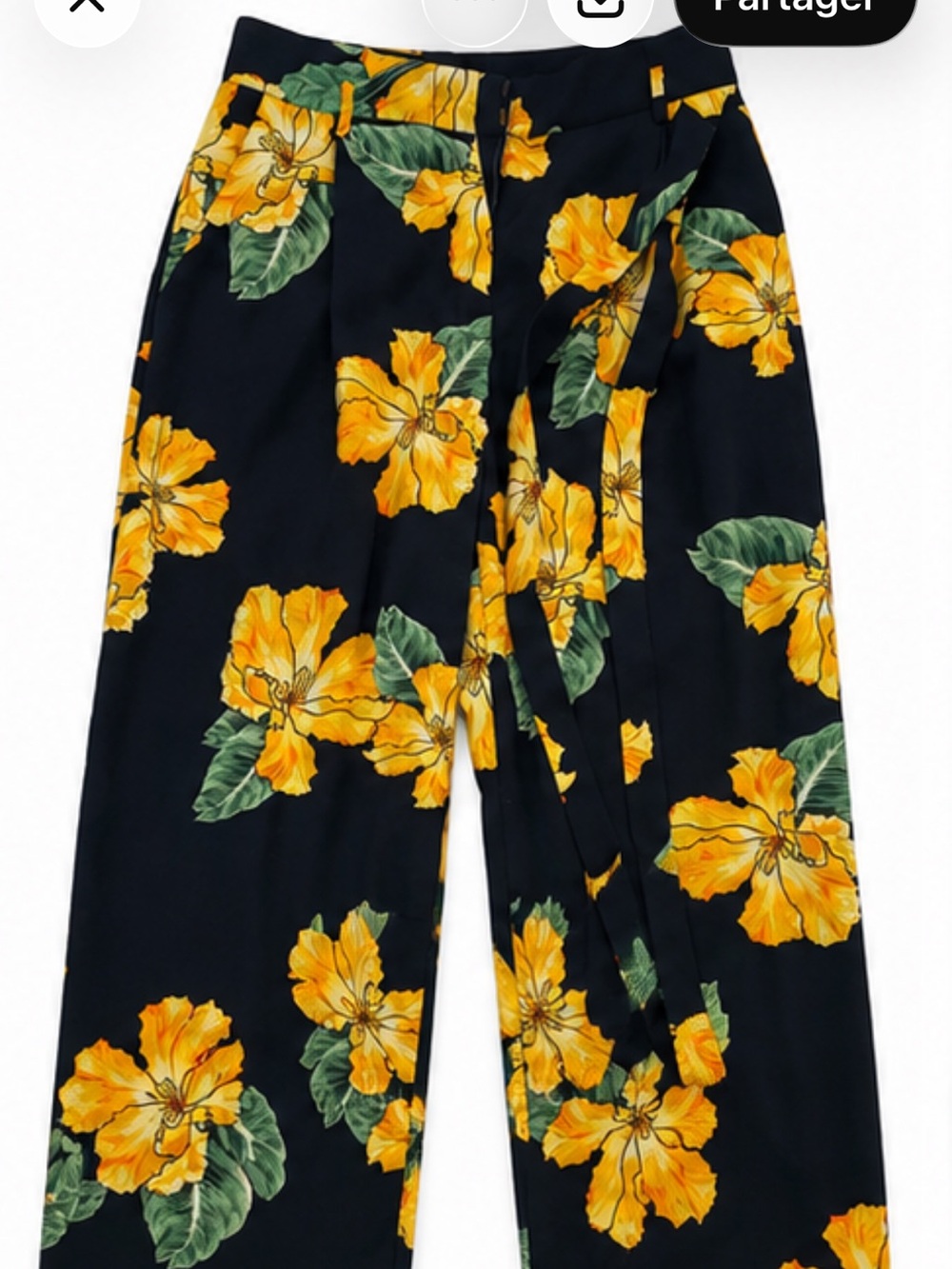 Zara Black Wide-Leg Pants with Yellow Floral Print